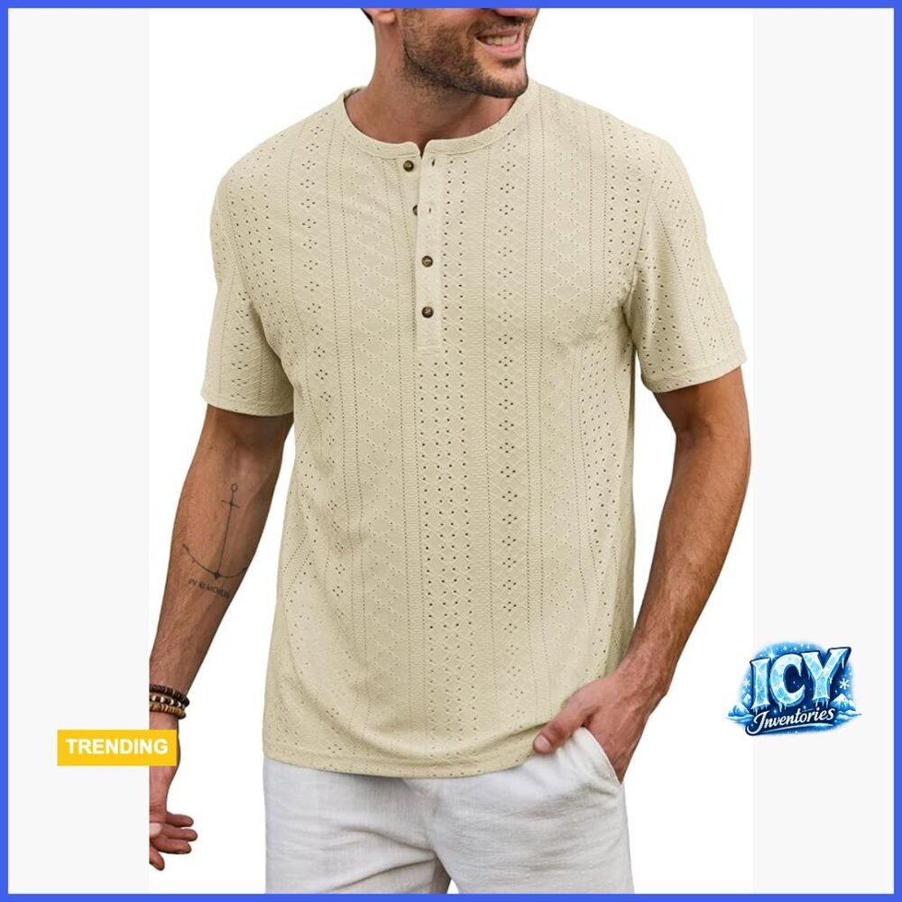 Textured Henley Shirt Jacquard Hollow Out Tee Polyester Blend
